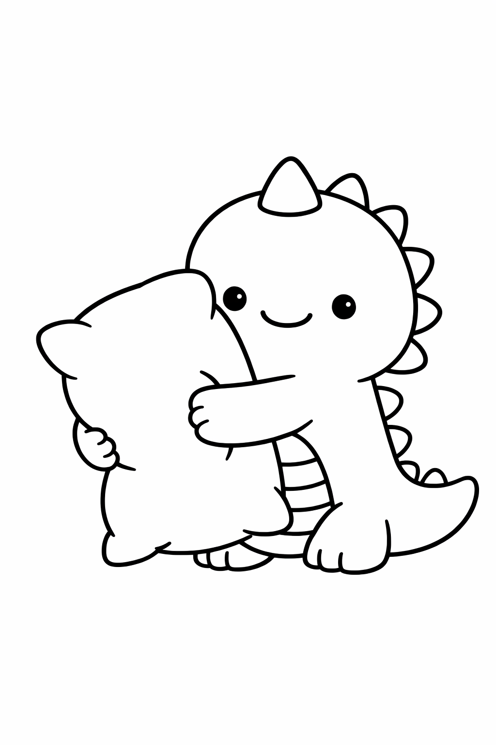 A dinosaur hugging a big pillow.