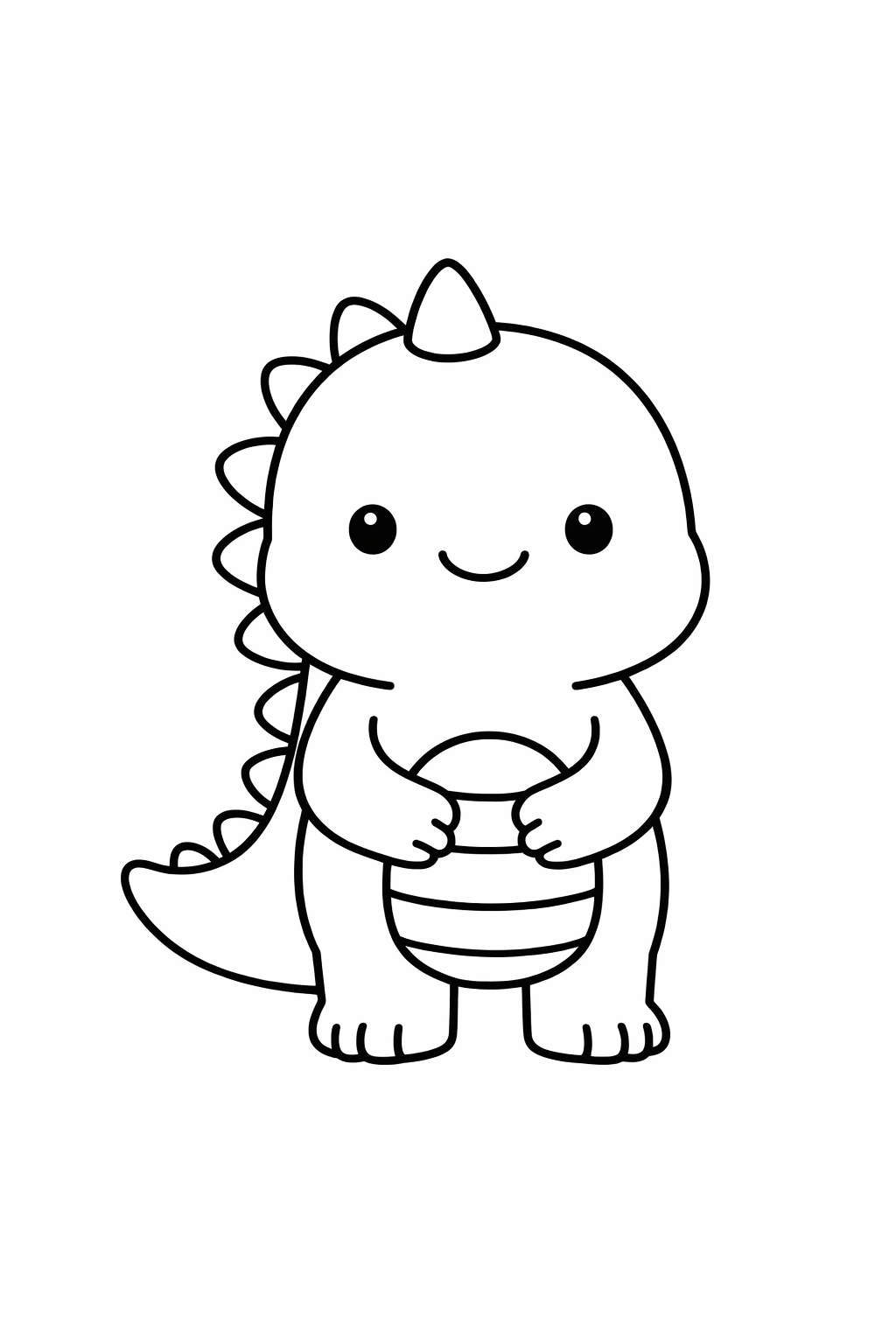 A dinosaur standing with hands on belly, smiling.