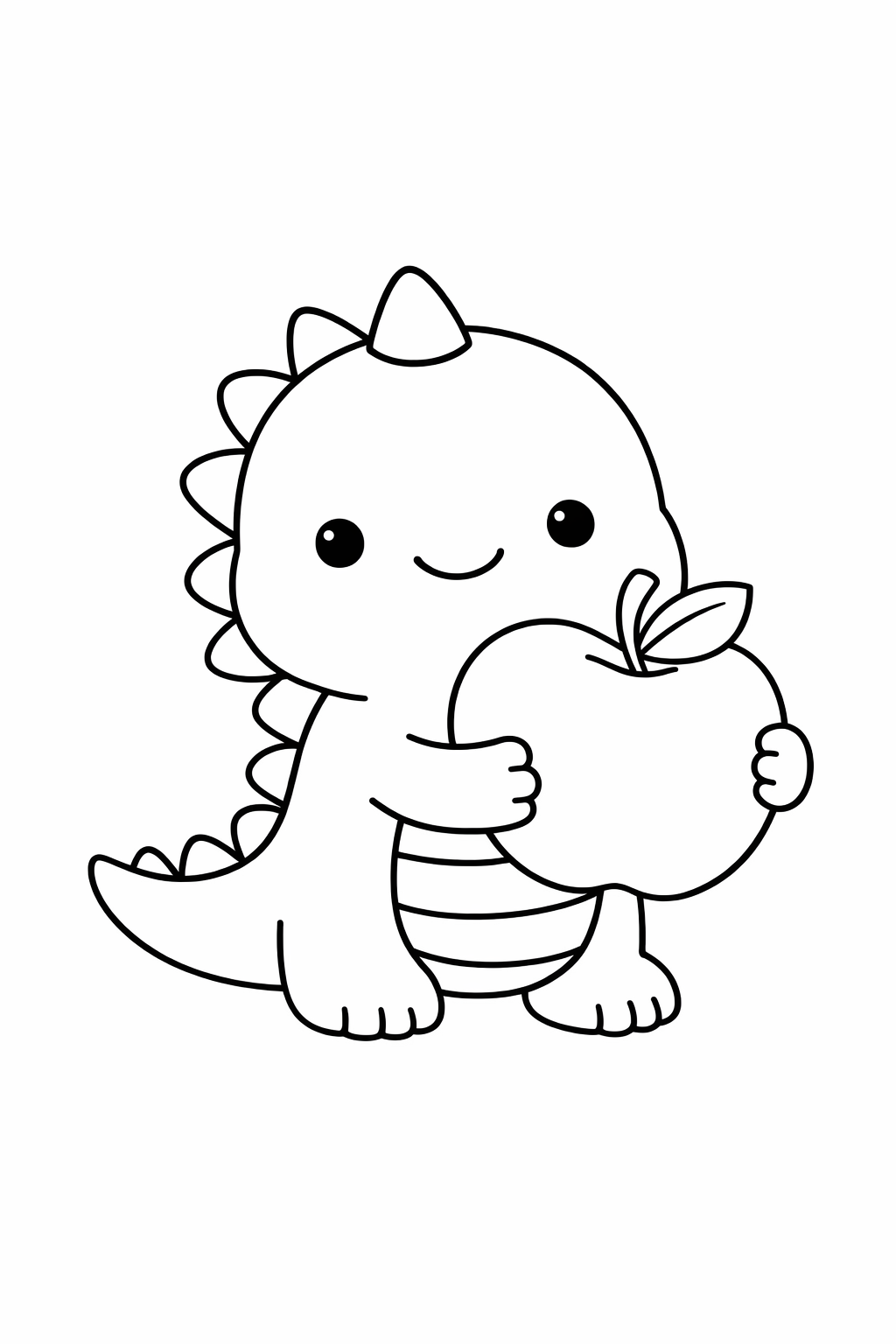 A dinosaur holding a big apple.