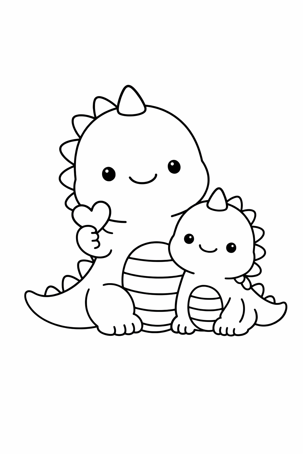 A friendly dinosaur family: one big dinosaur and one baby dinosaur sitting still.