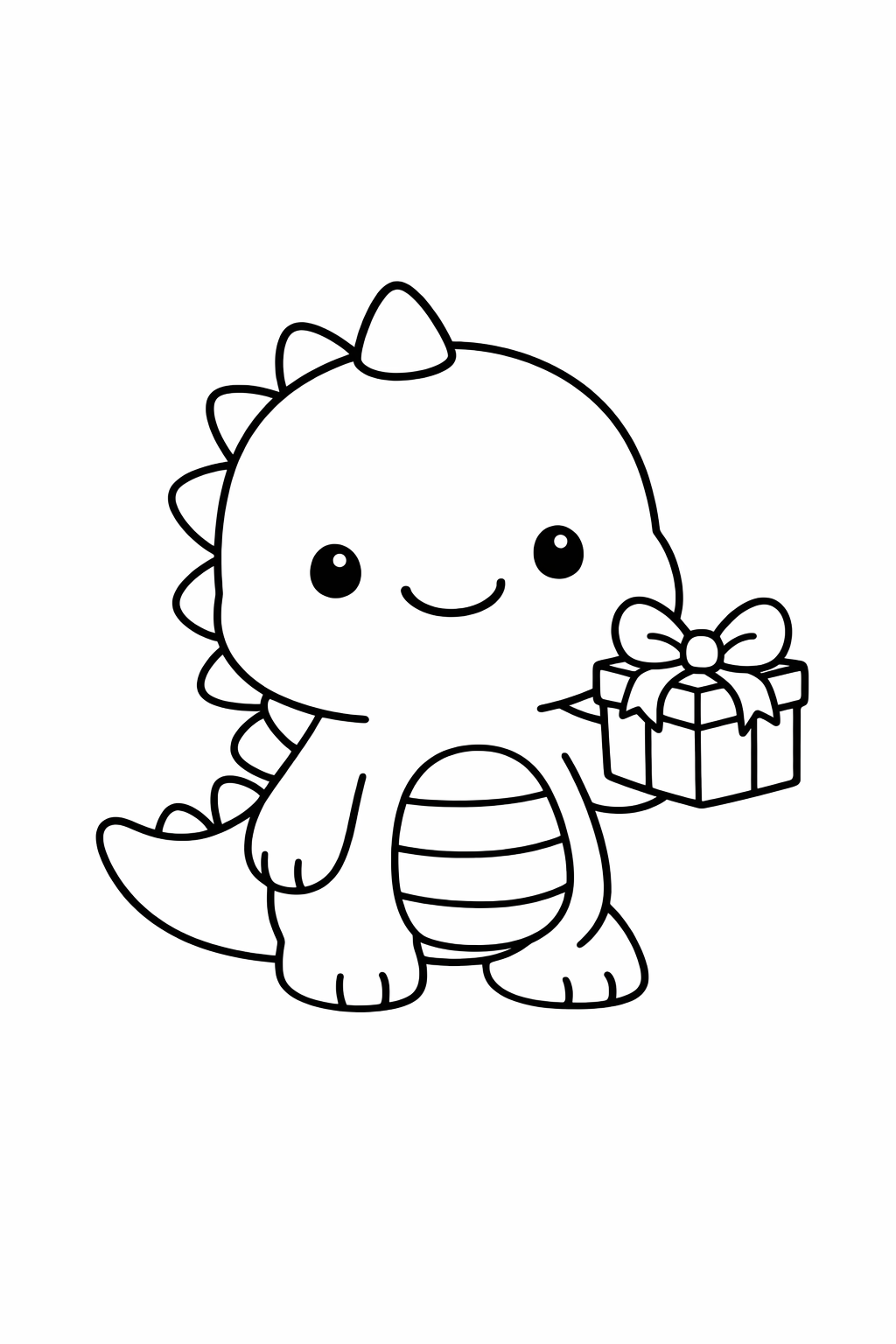 A dinosaur holding a small gift box with a bow.