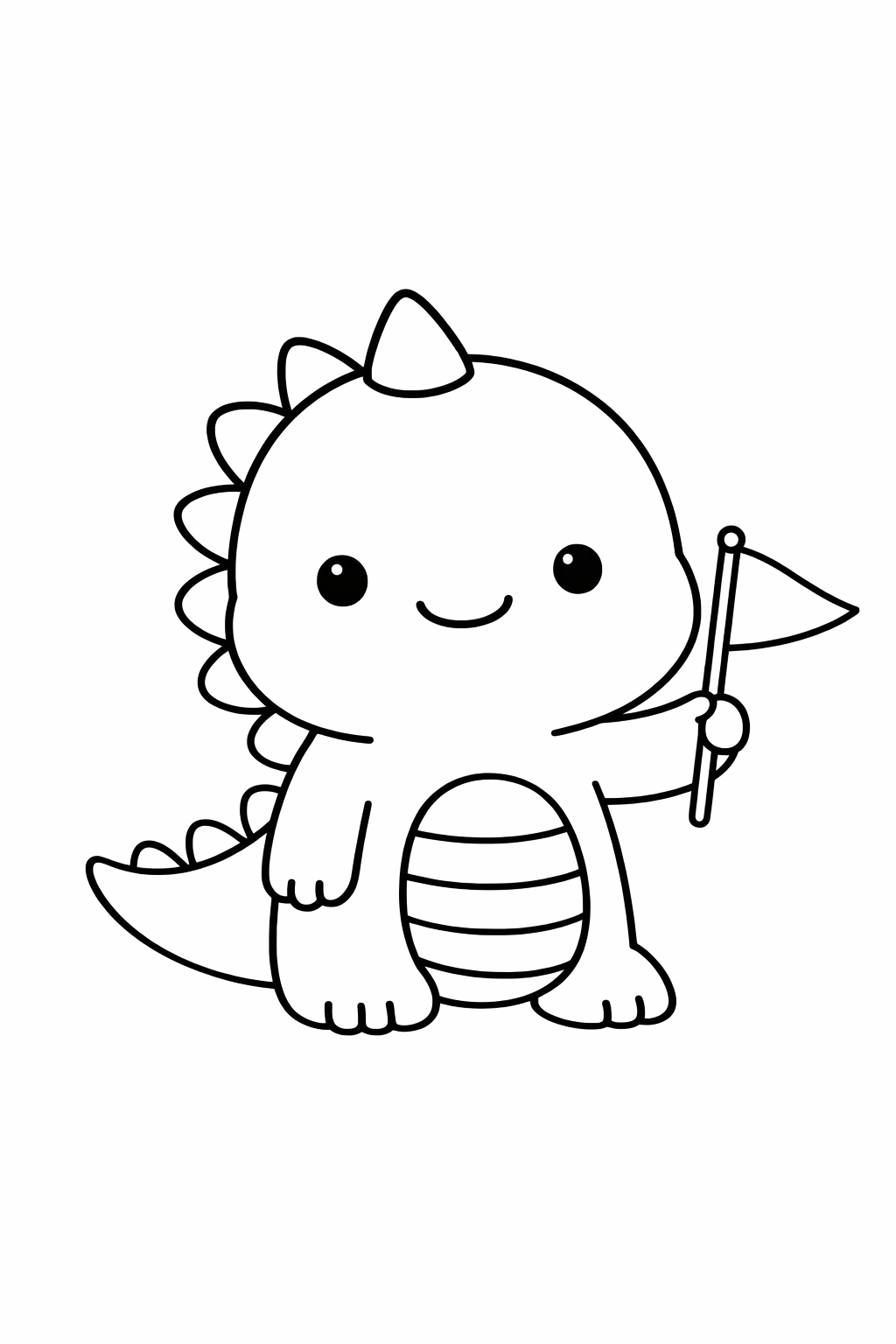 A dinosaur holding a small flag on a stick.