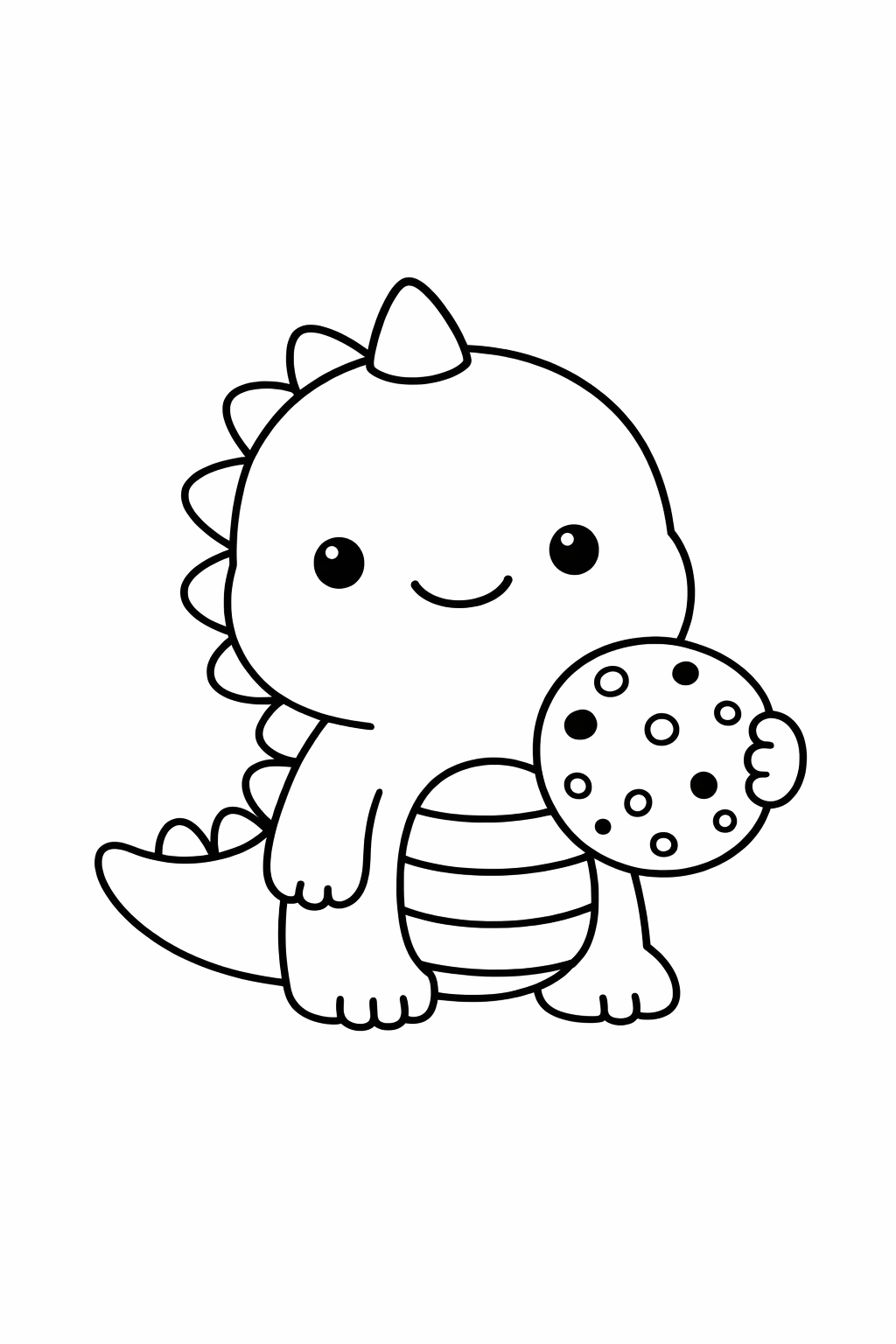 A dinosaur holding a round cookie.