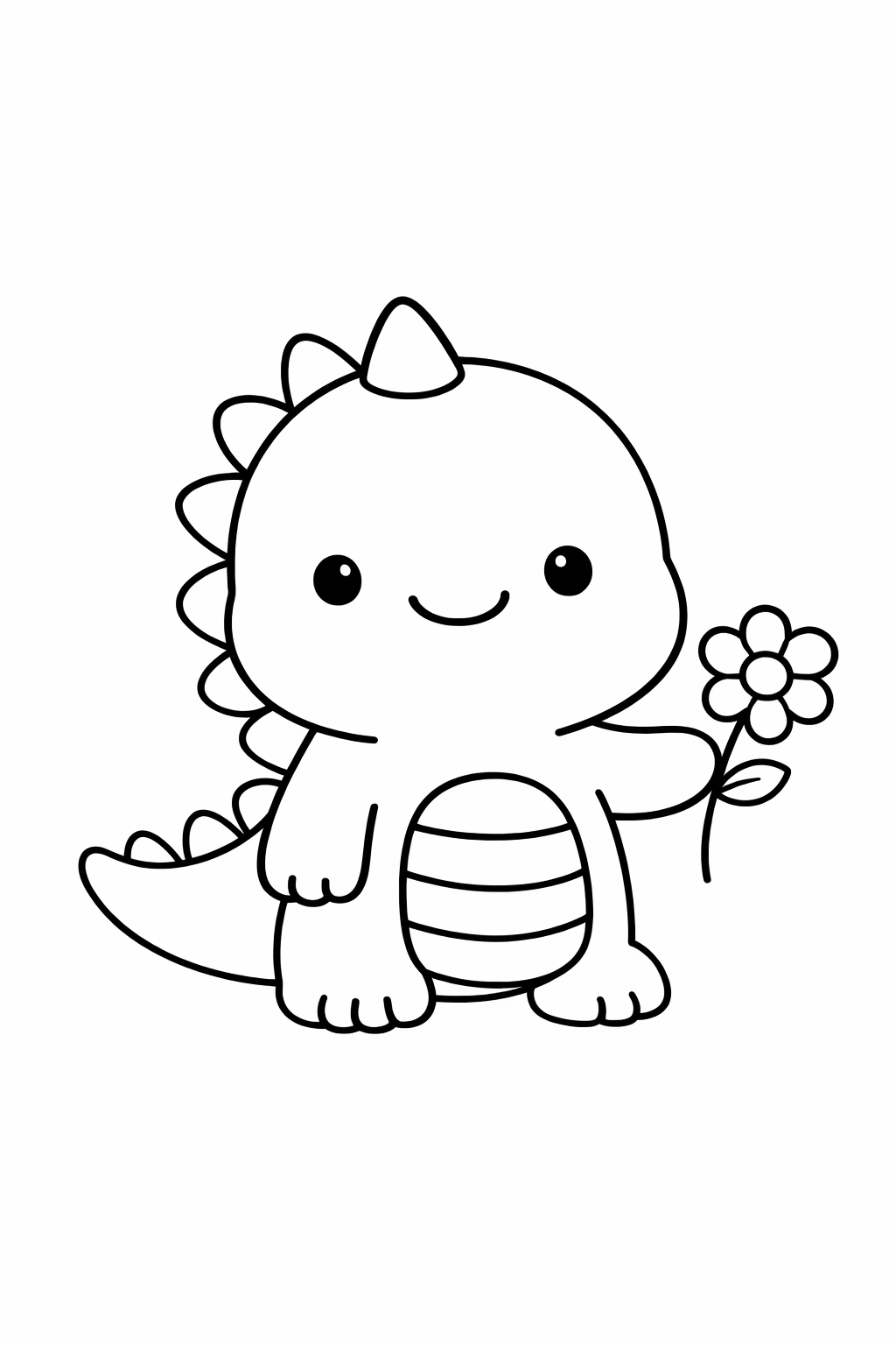 A dinosaur with a single flower beside it.