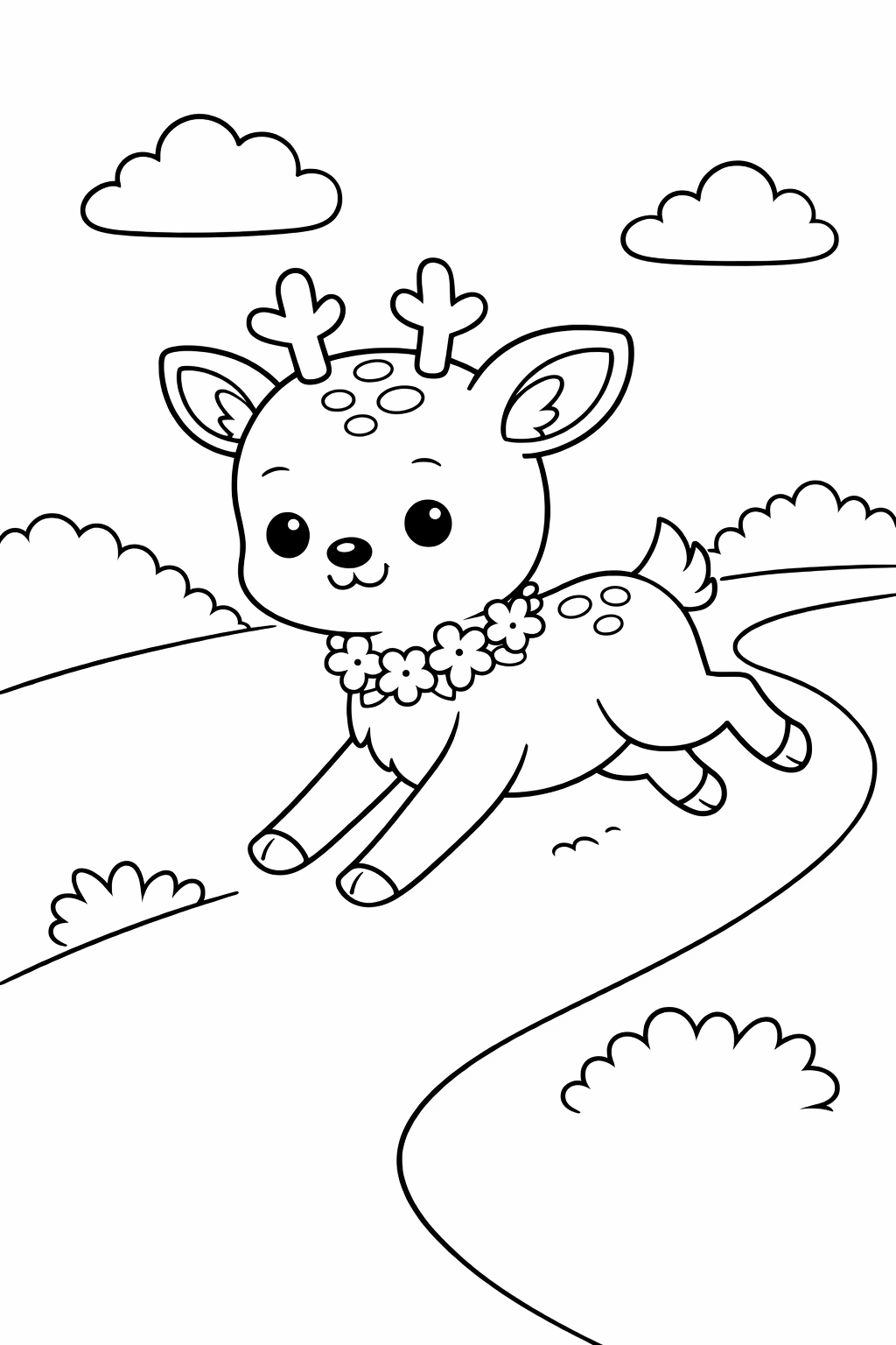 A deer springing across an open path