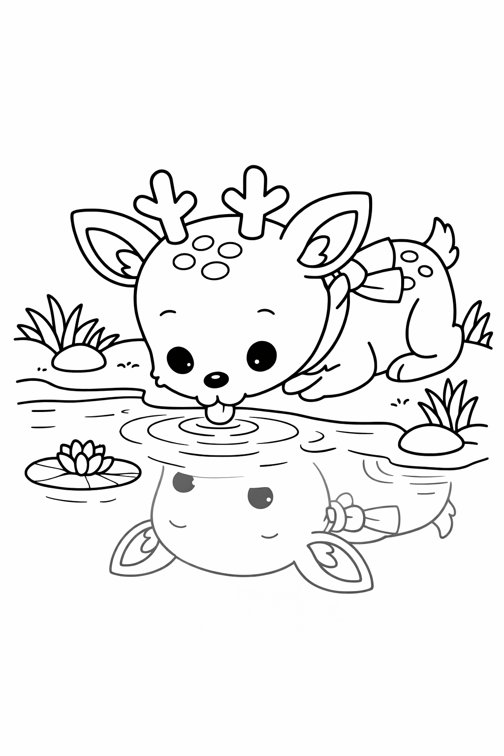 A deer drinking from a quiet pond