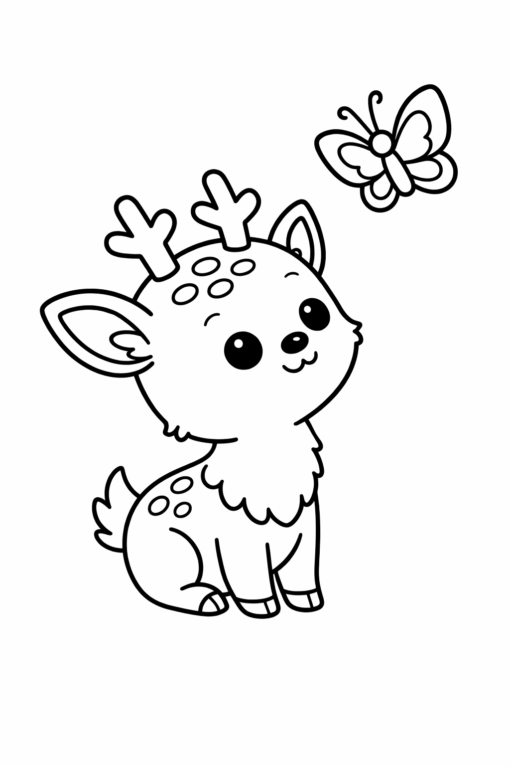 A fawn looking up at a butterfly