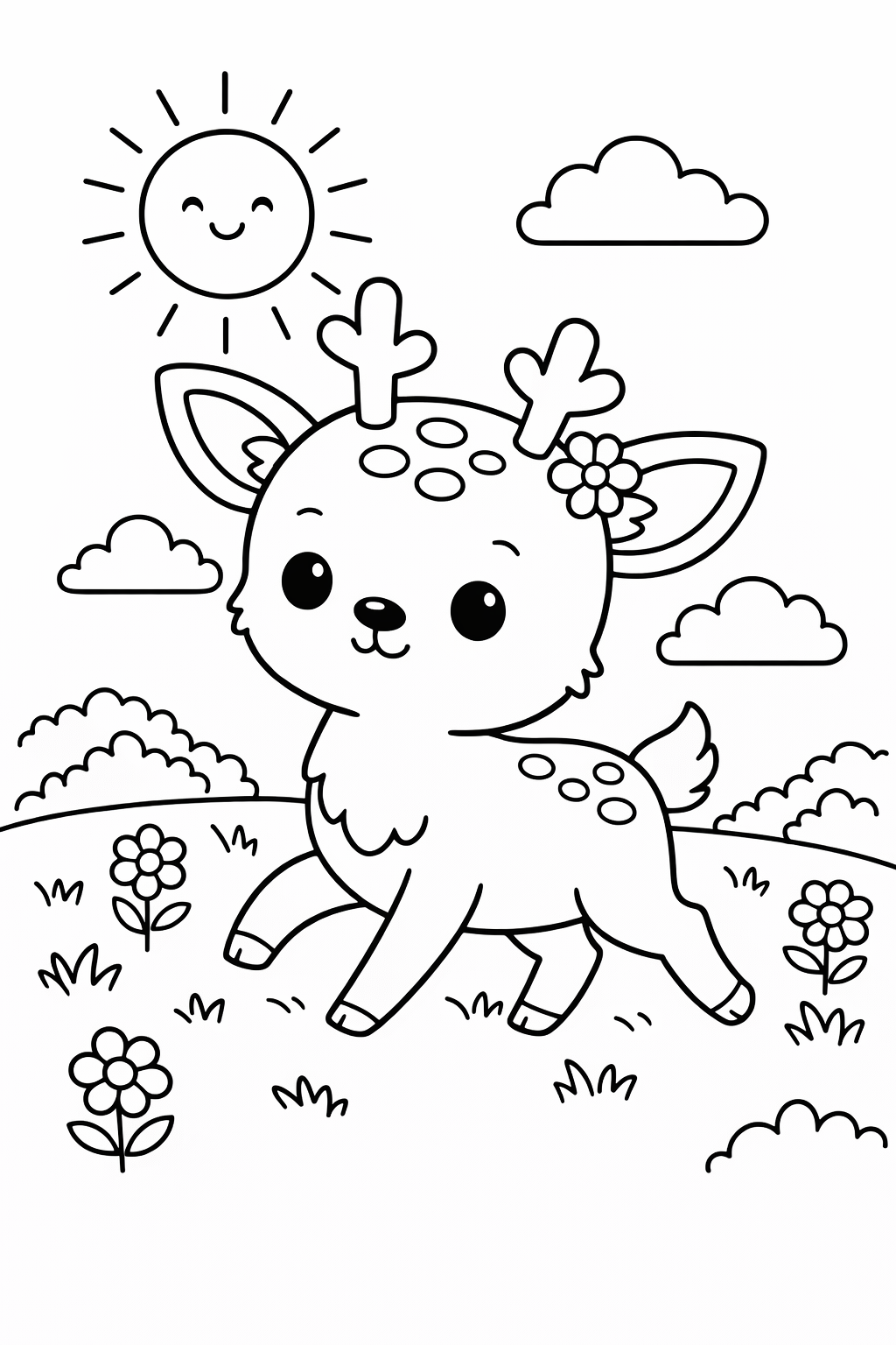 A fawn trotting through a sunny meadow