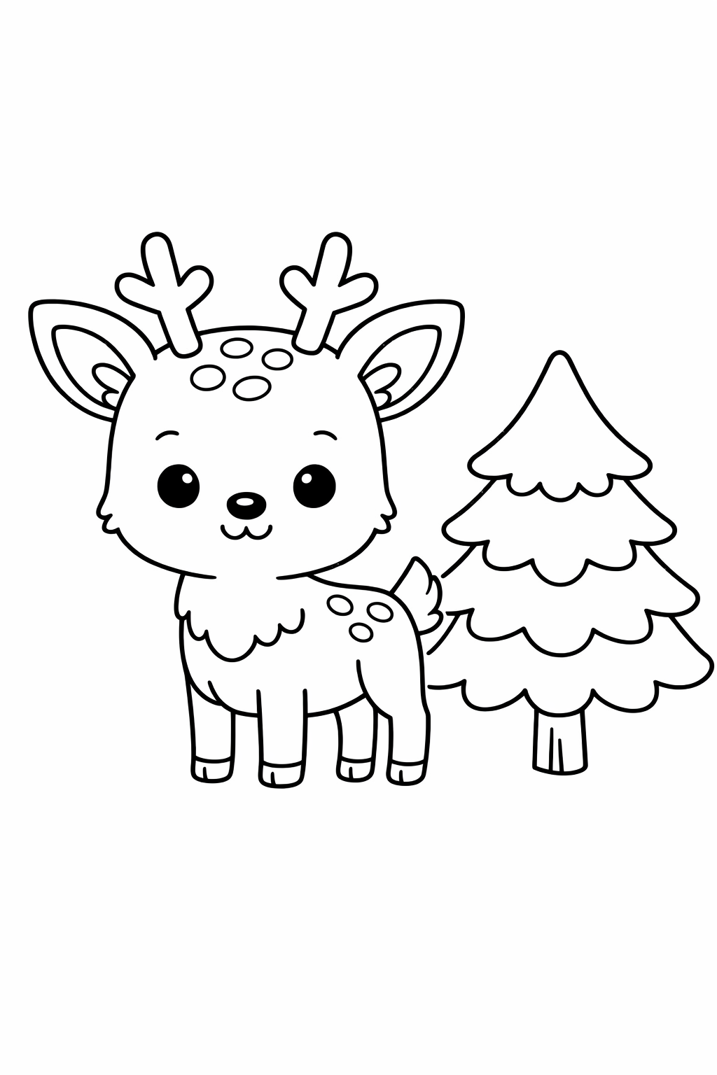 A deer standing beside a pine tree