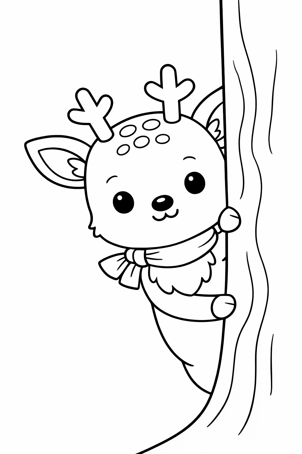 A fawn peeking out from behind a tree