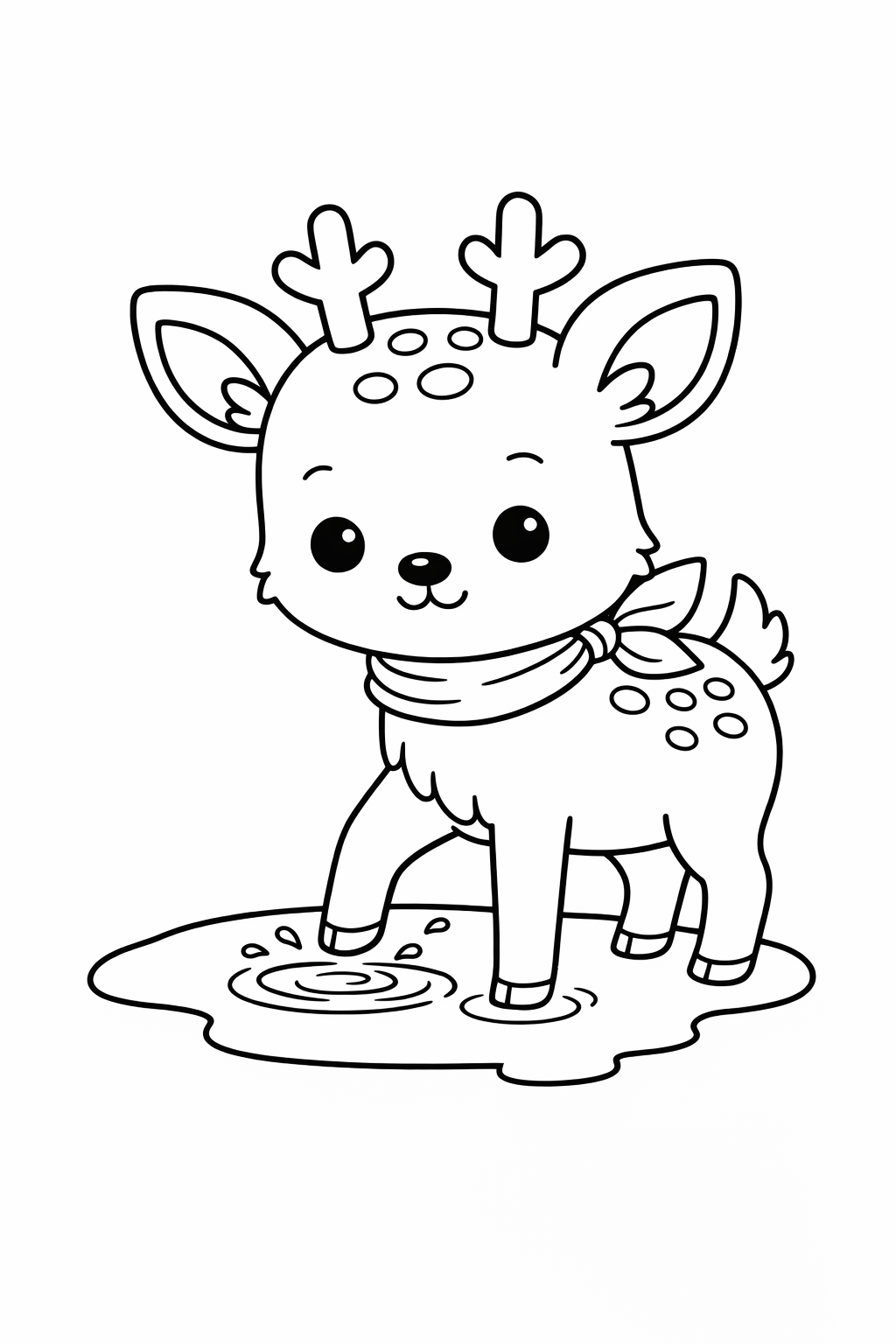 A fawn stepping into a shallow puddle