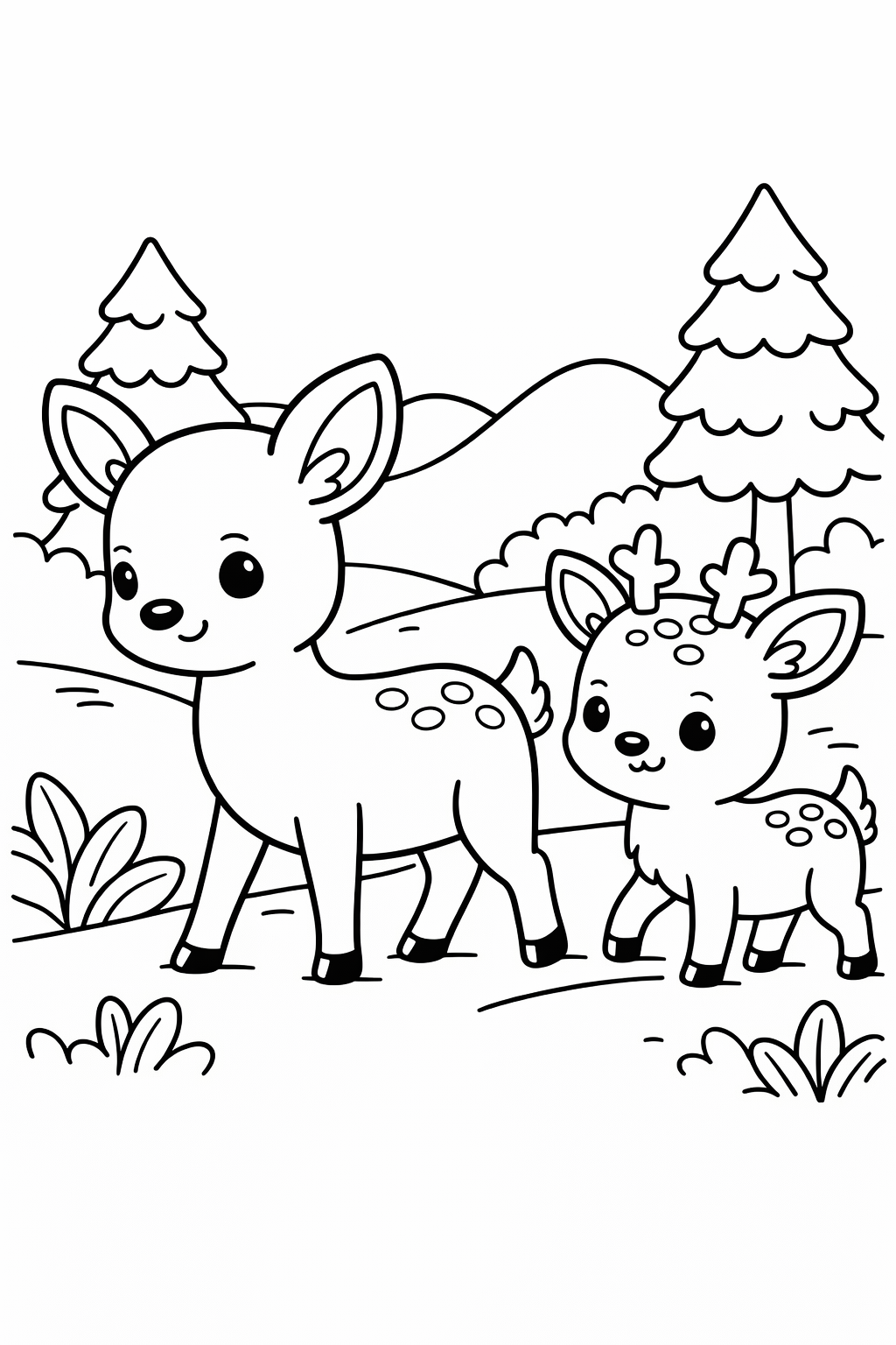 A fawn following its mother through the woods