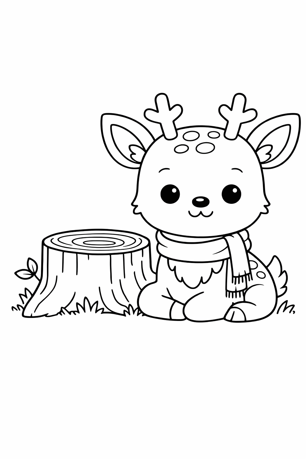 A deer resting near a forest stump