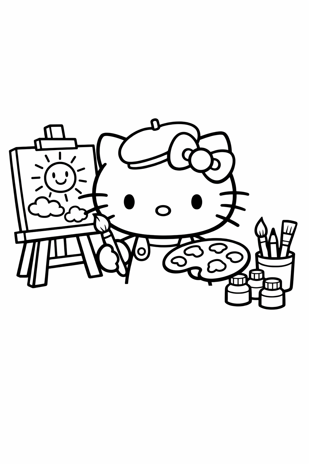 Hello Kitty in an art studio with an easel and paints