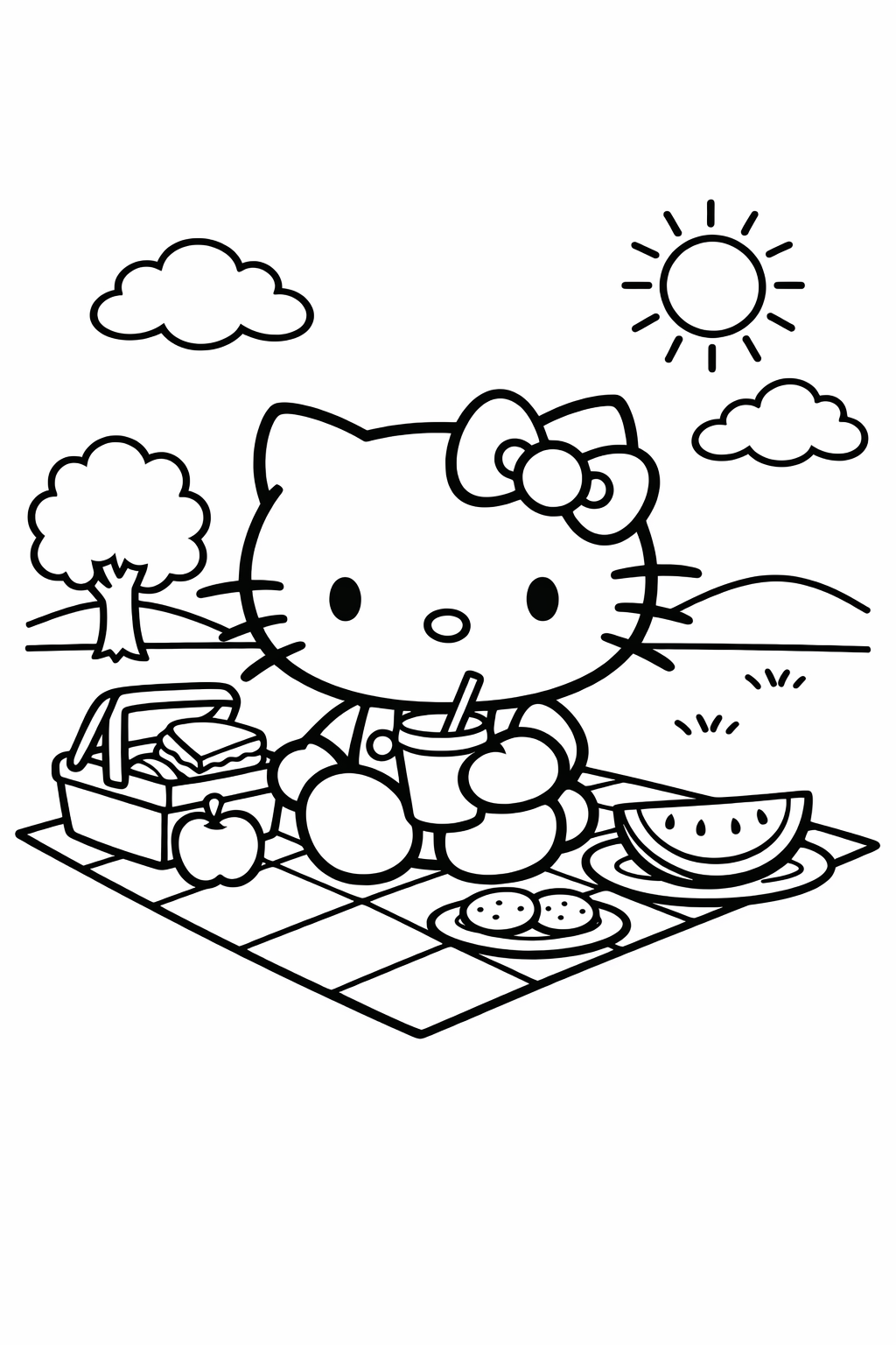 Hello Kitty on a picnic blanket in the park