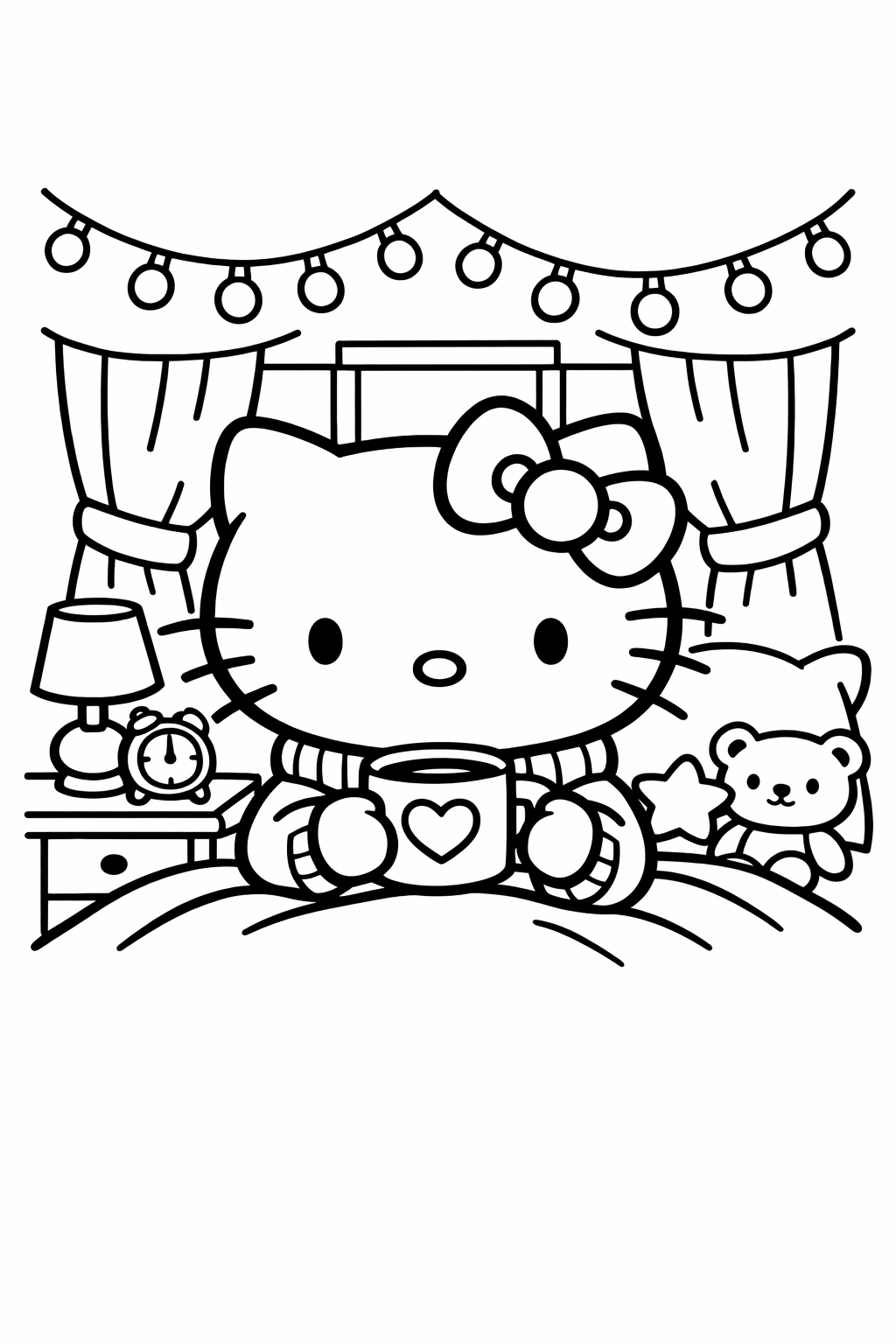 Hello Kitty in a cozy bedroom with fairy lights