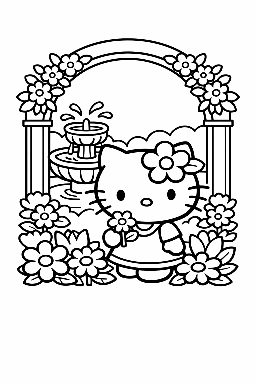 Hello Kitty in a flower garden with an arch and fountain