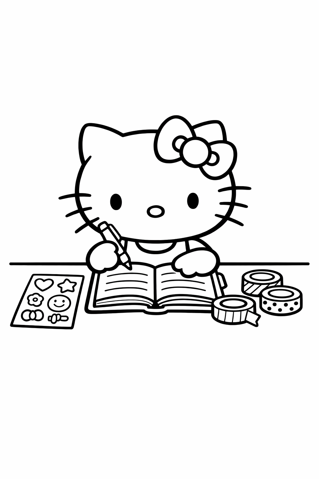 Hello Kitty at a planner desk with stickers and tape