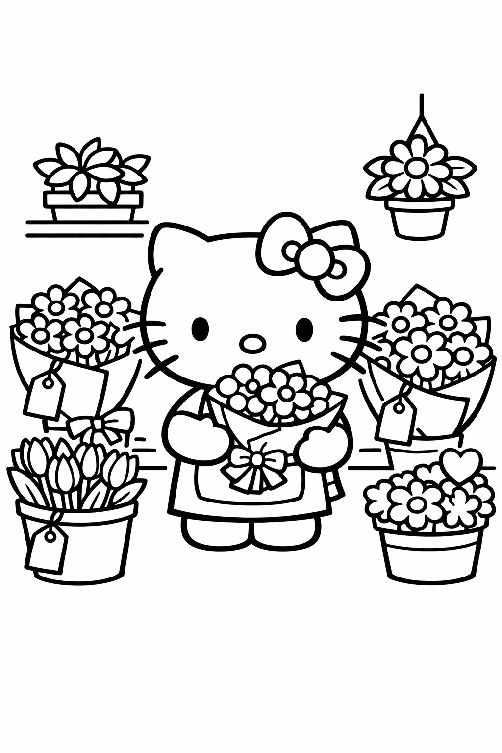 Hello Kitty in a flower shop with bouquets and tags