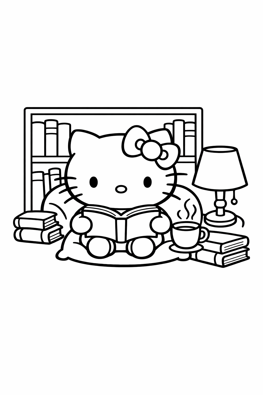 Hello Kitty in a reading nook with books and a lamp