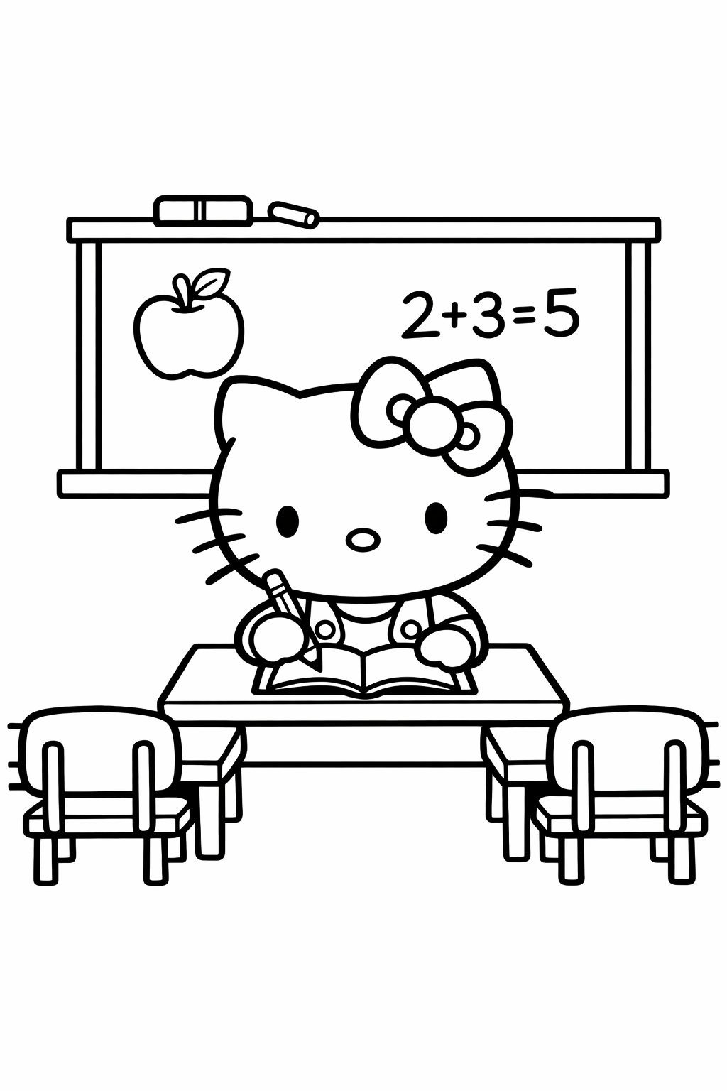Hello Kitty in a classroom with desks and a chalkboard