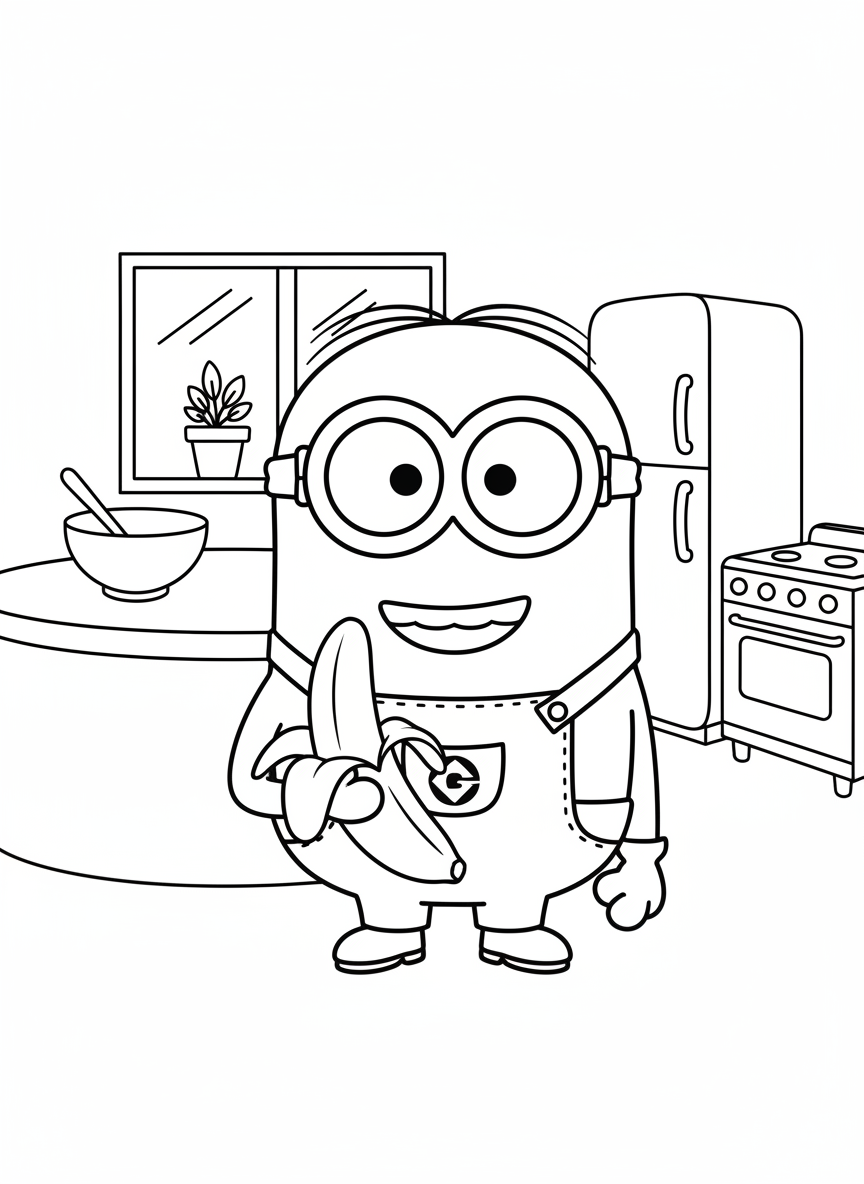 Minion with a banana in a cozy kitchen