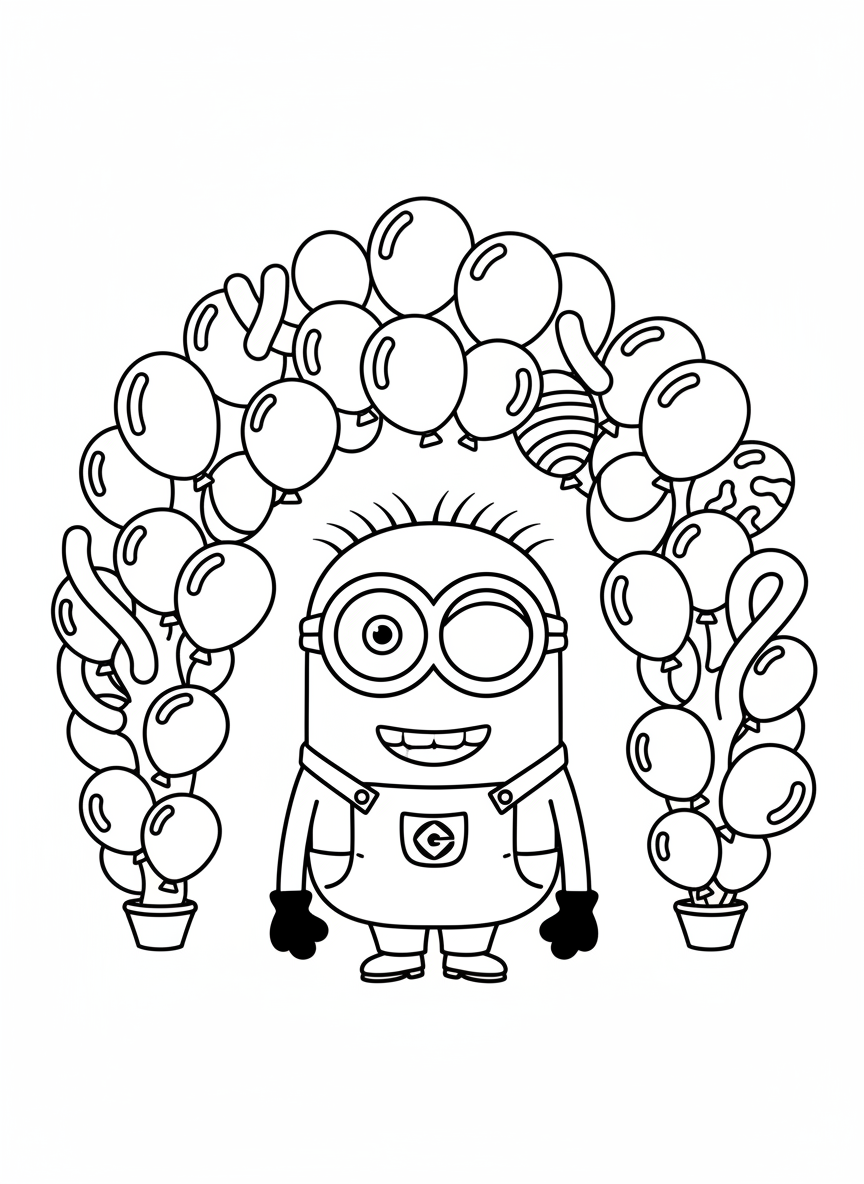 Minion under a balloon arch