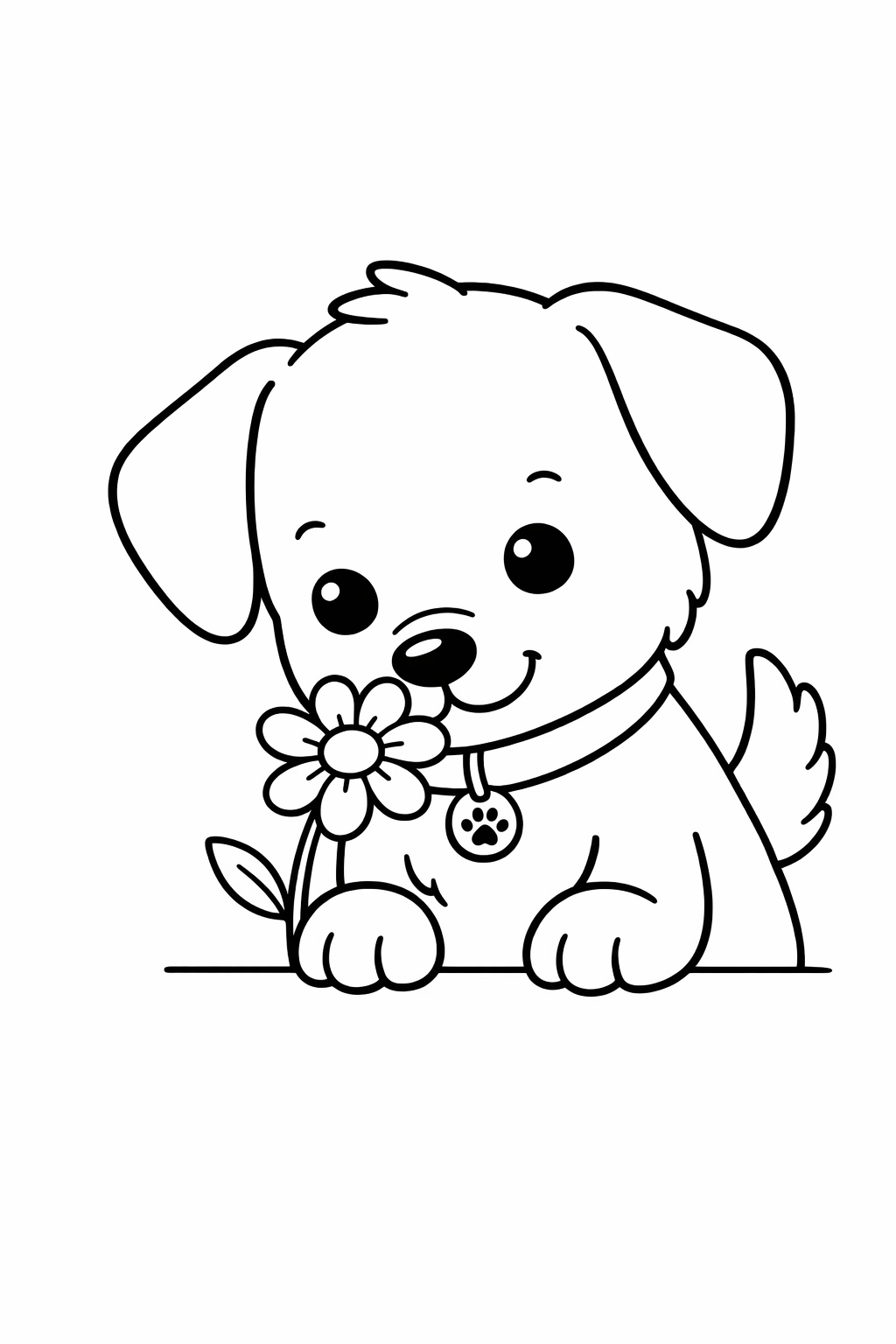 Puppy sniffing a flower