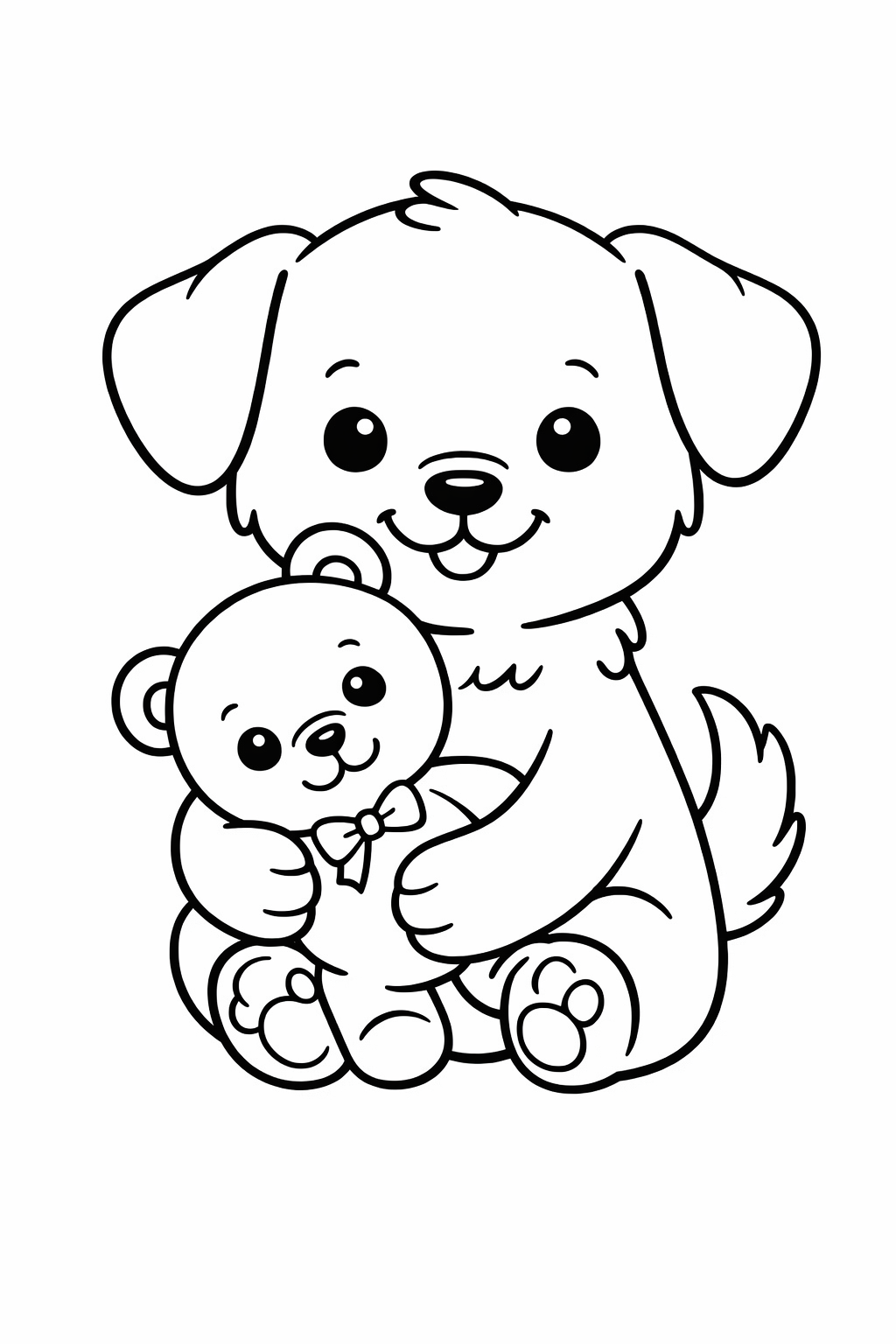 Puppy hugging a teddy bear