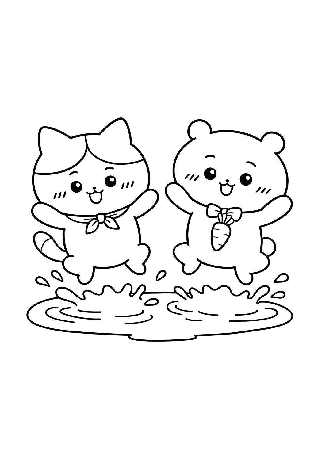 Hachiware and Usagi jumping in a puddle