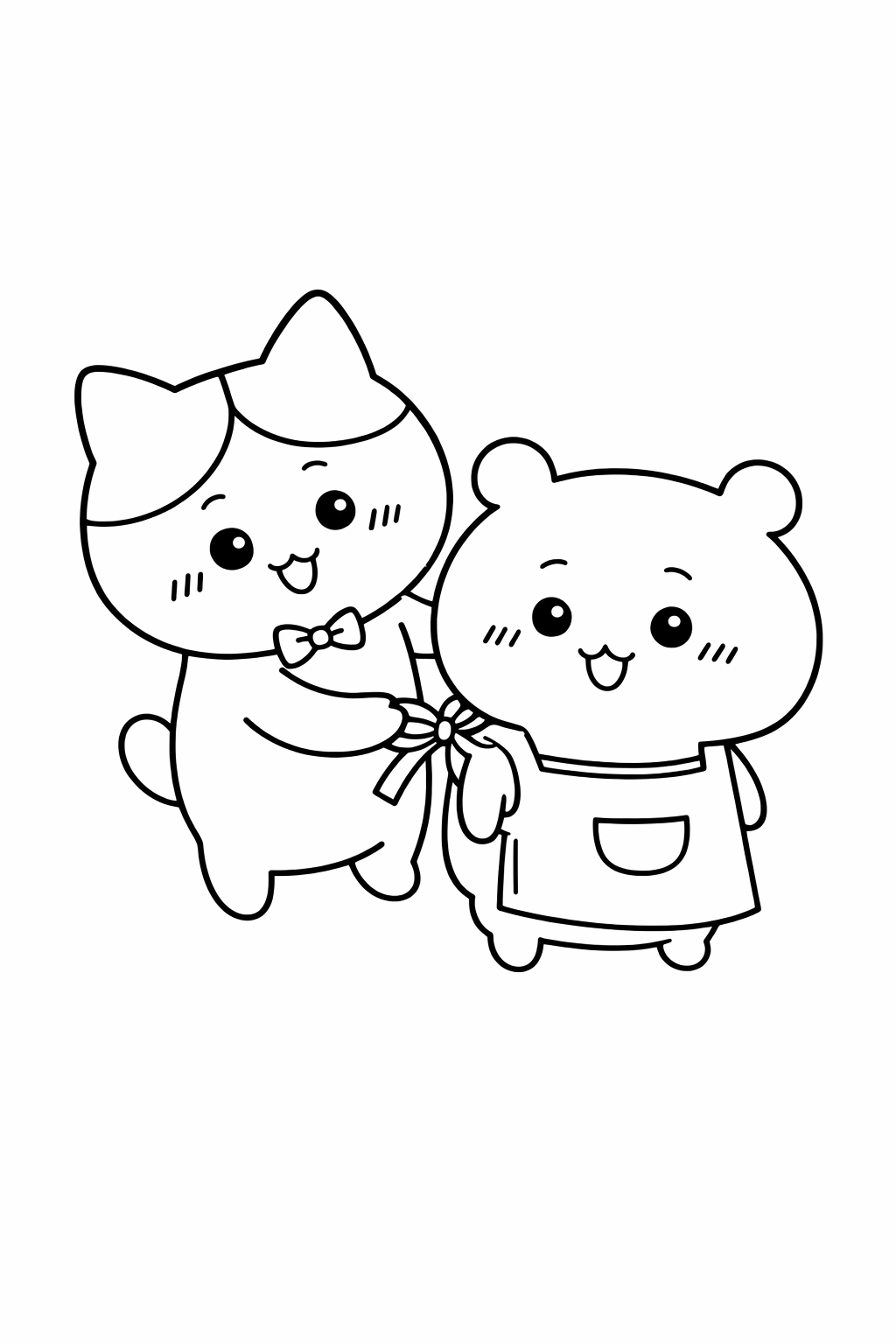 Hachiware helping Chiikawa tie an apron