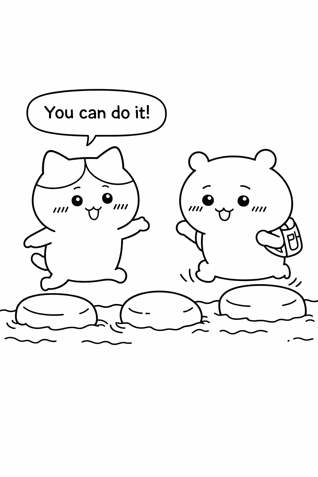 Hachiware encouraging Chiikawa across stepping stones