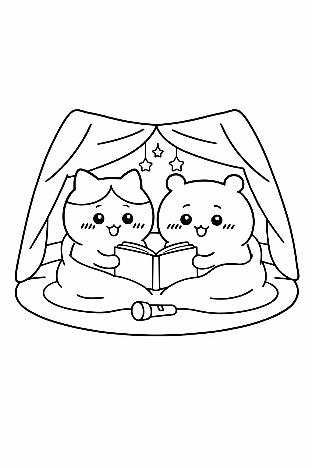Hachiware and Chiikawa reading in a blanket fort