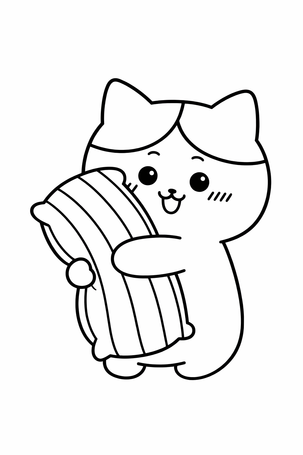 Hachiware hugging a striped pillow