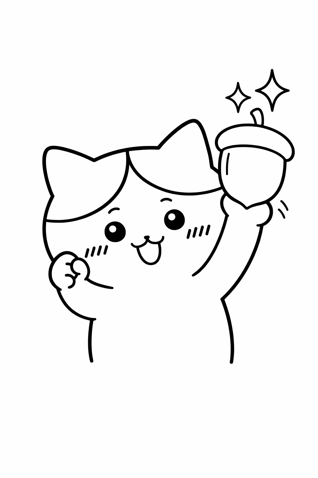 Hachiware cheering with a shiny acorn treasure