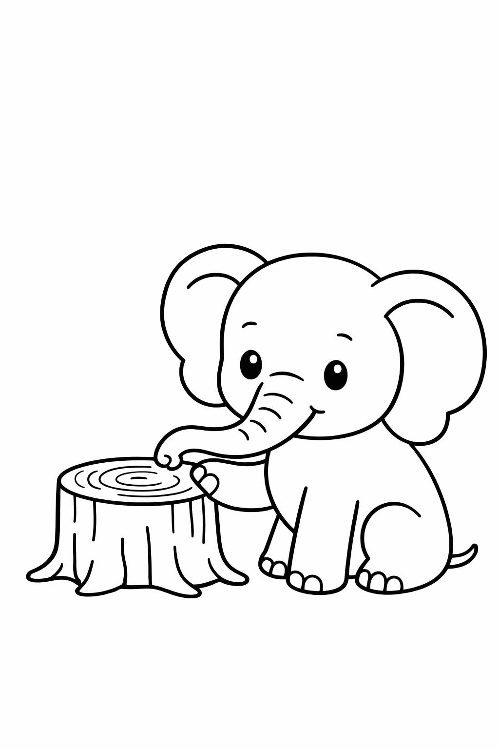 A baby elephant tapping a tree stump
