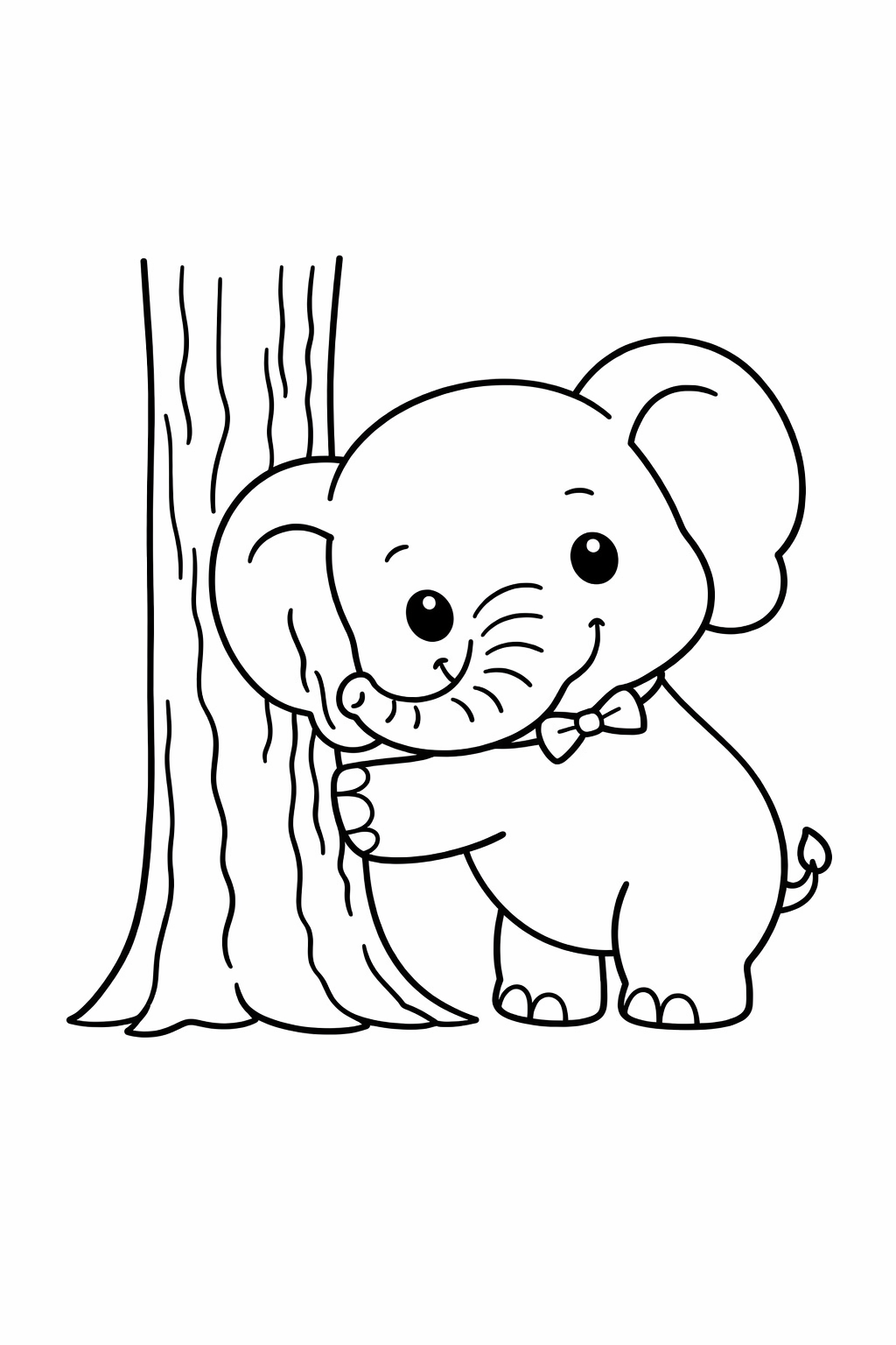 A baby elephant rubbing its side on a tree