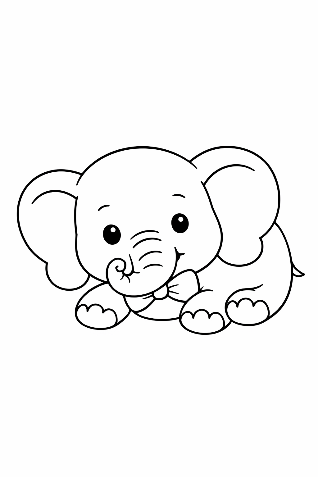 A baby elephant lying down with its trunk curled