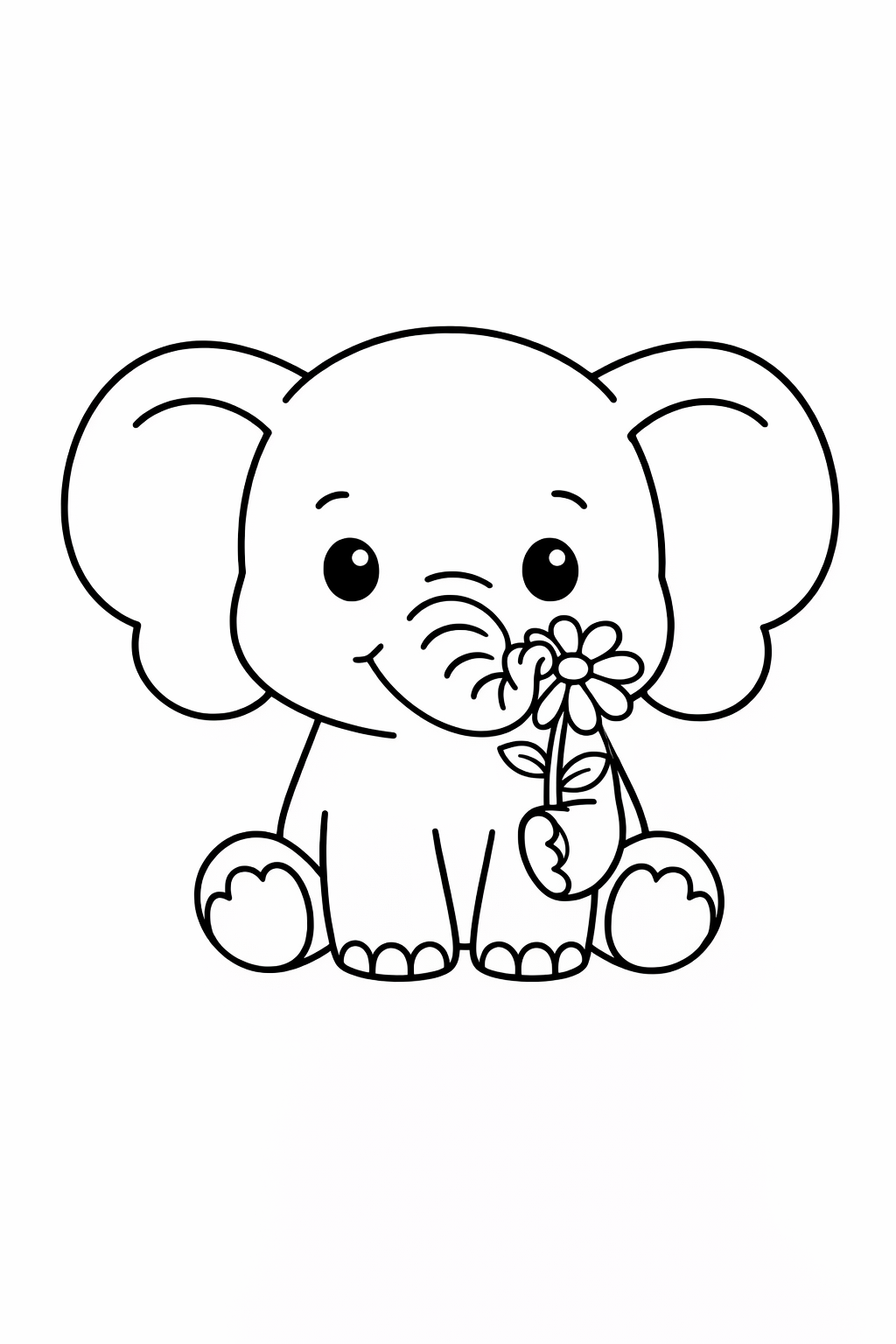 A baby elephant sniffing a flower