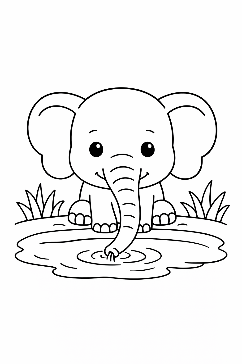 A baby elephant drinking from a pond