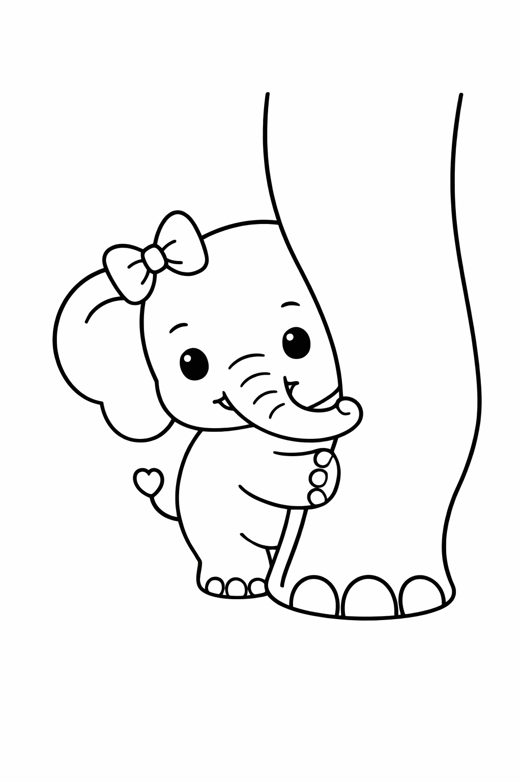 A baby elephant hiding behind its mother’s leg