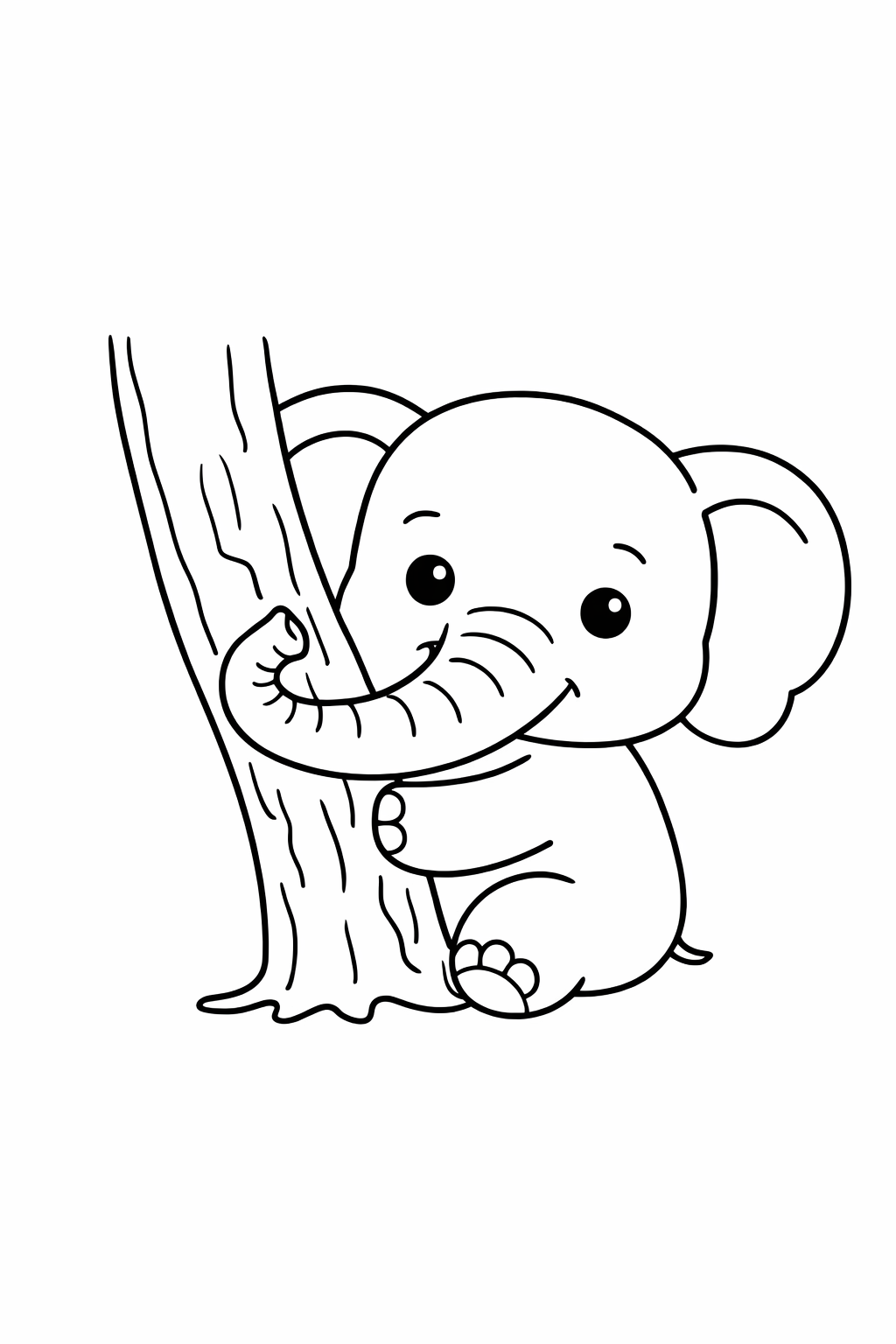 A baby elephant hugging a tree trunk with its trunk