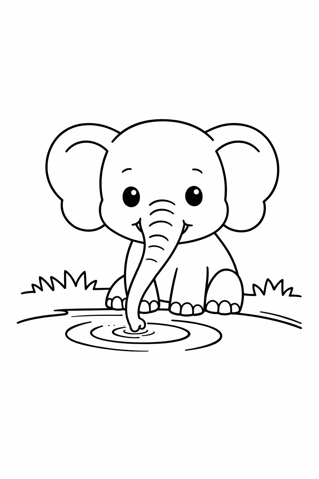 A baby elephant tapping pond water with its trunk