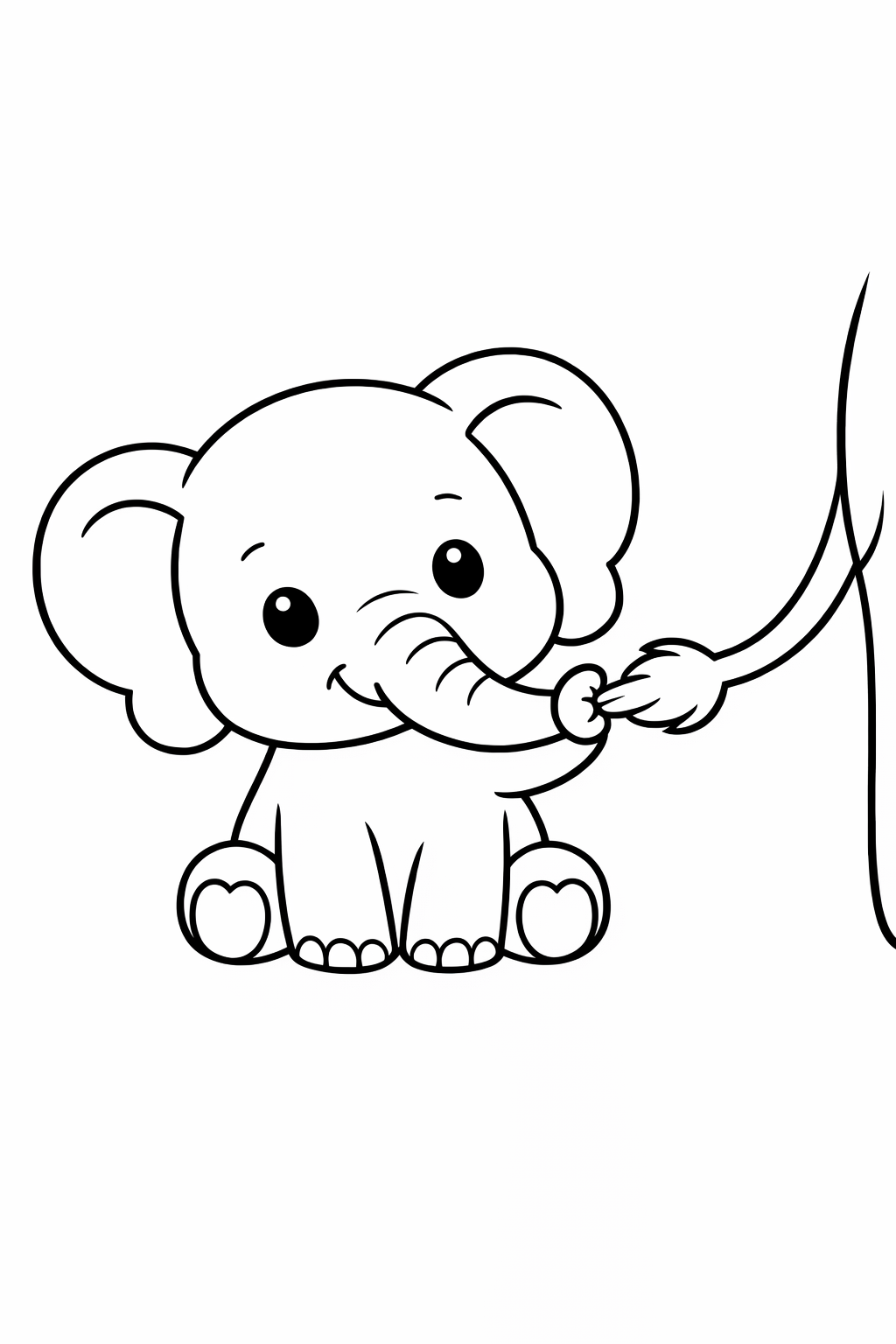 A baby elephant holding its mother’s tail