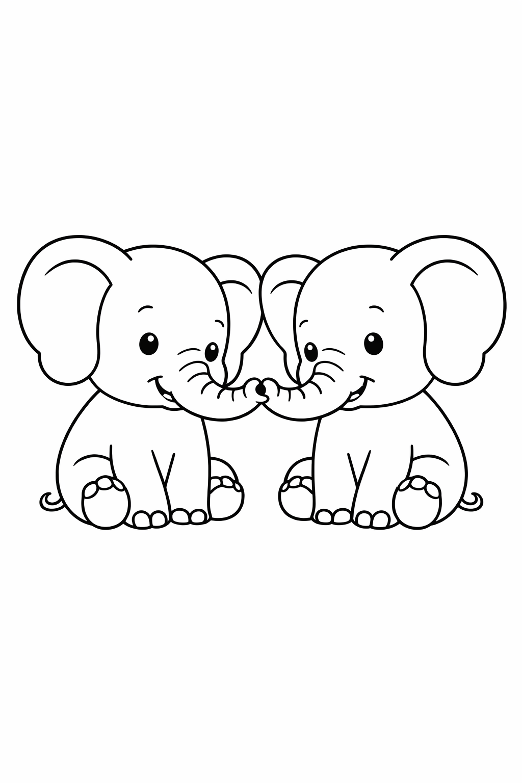 A baby elephant touching trunks with a sibling