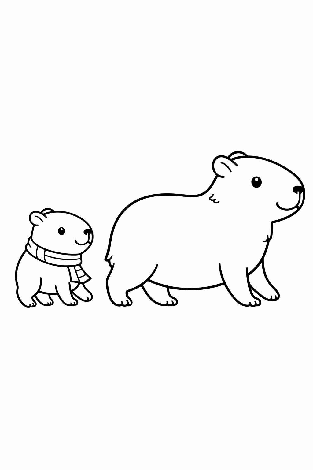 A baby capybara following its mother in a straight line.