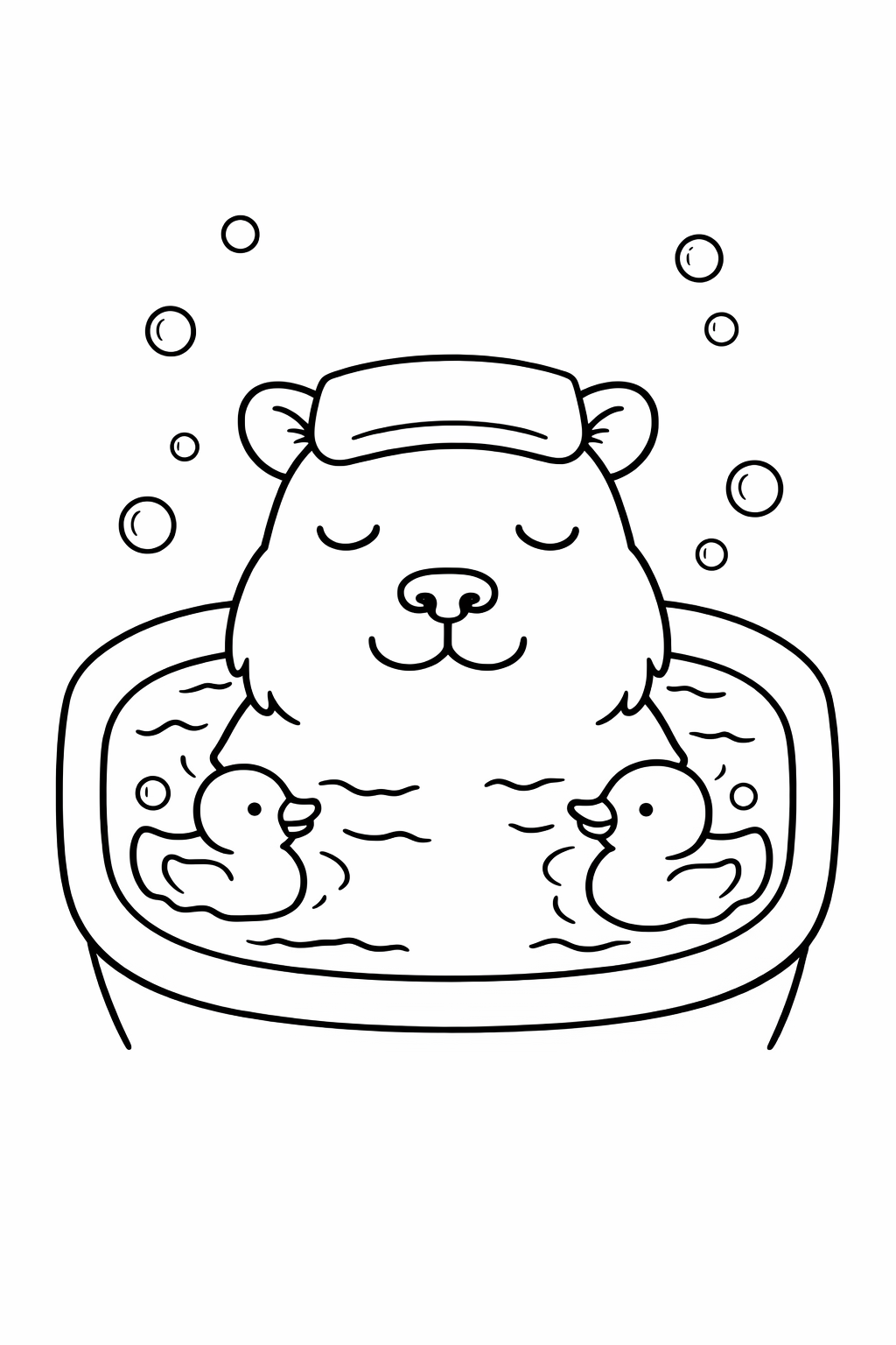A capybara wearing a peaceful sleepy face in a bath.
