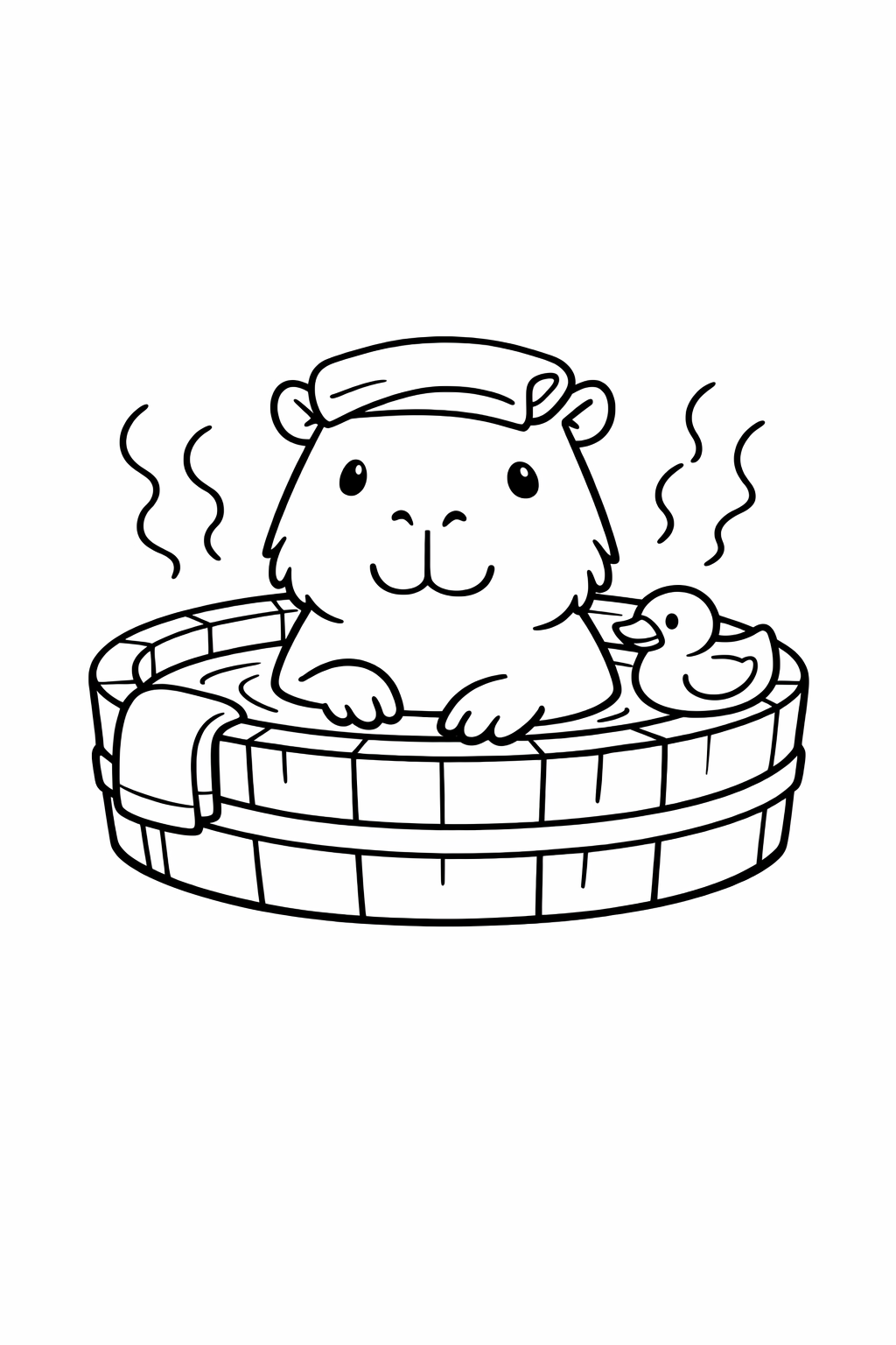 A capybara sitting in a wooden hot spring tub.