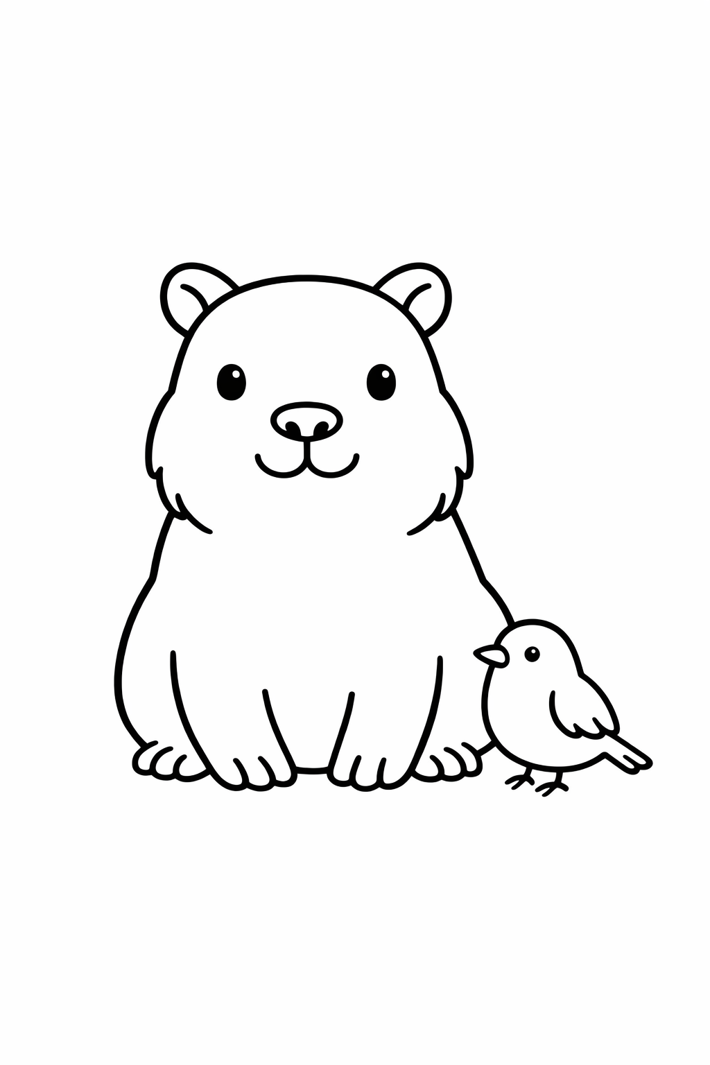 A capybara sitting while a small bird rests beside it.