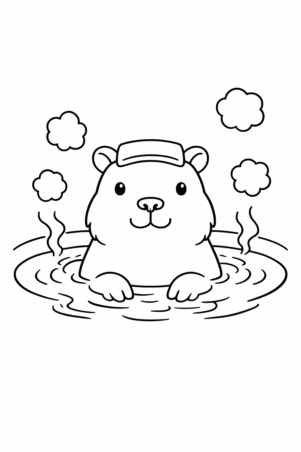 A capybara lounging in warm bath water with steam.